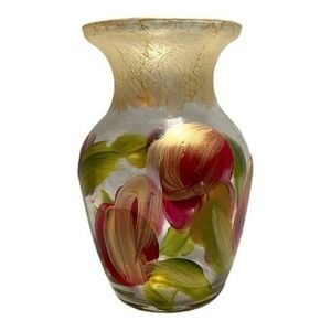 Vintage Hand Painted Glass Vase Tulips Floral Pattern